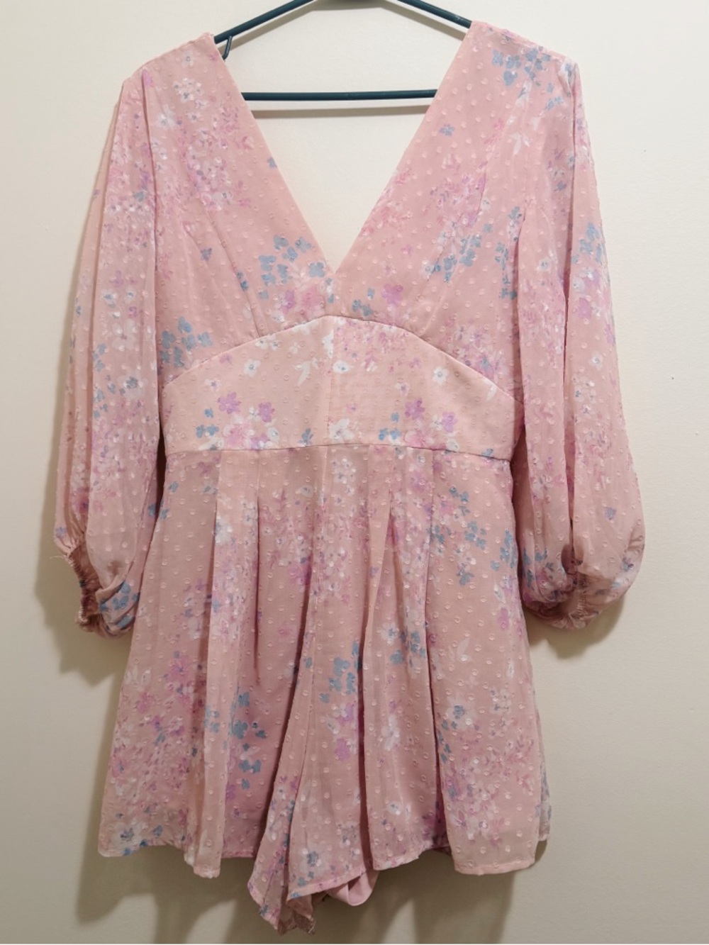 Fairycore Floral Pink Romper with Puff Sleeves and Tie Back, Women’s Small